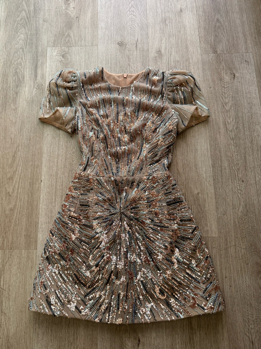 helsi coco rose tan & blue bead embellished puff sleeve mini dress size XS NEW